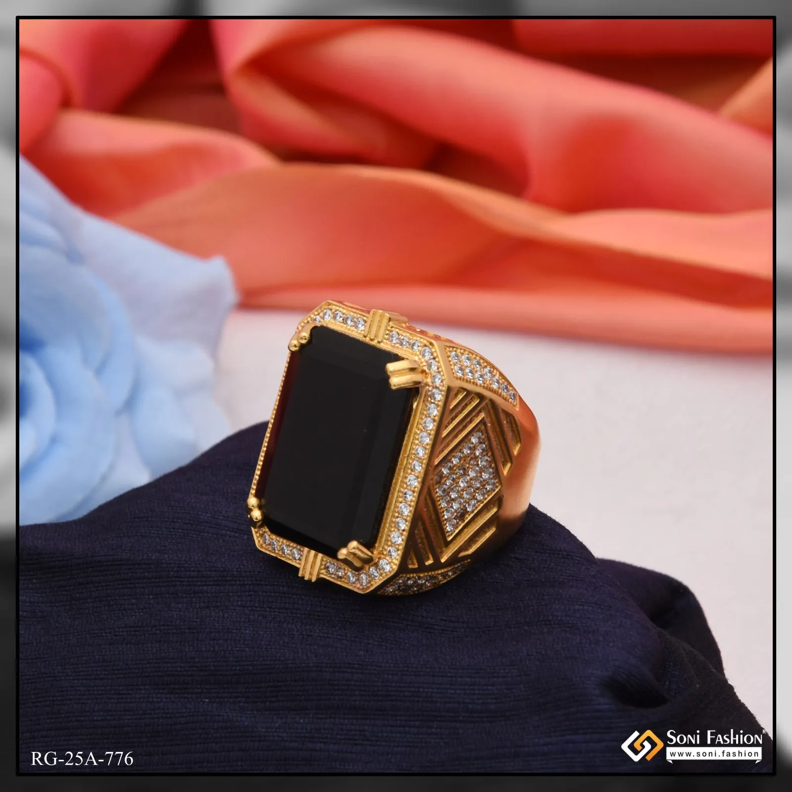 1 Gram Gold Forming Black Stone with Diamond Best Quality Ring for Men - Style A776