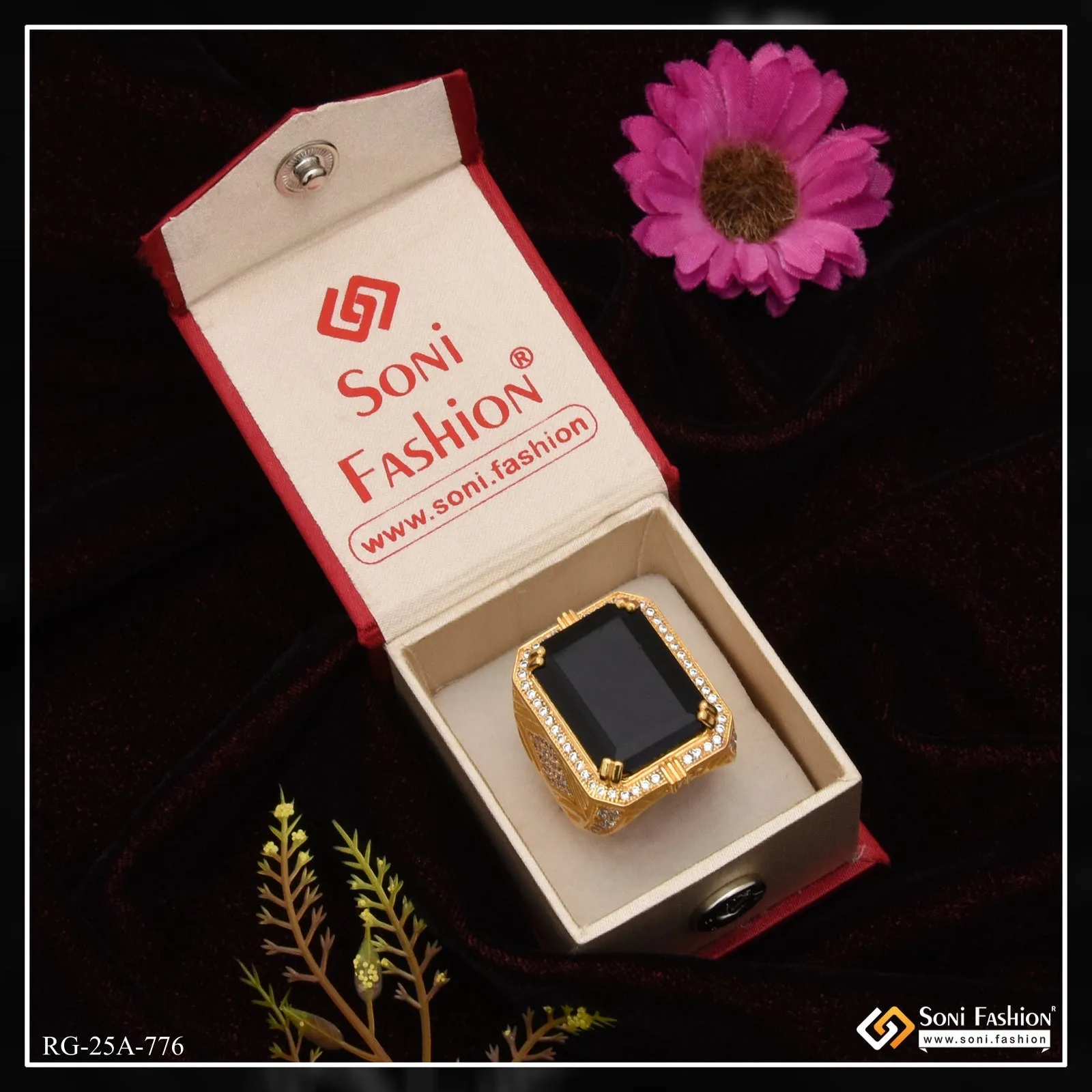 1 Gram Gold Forming Black Stone with Diamond Best Quality Ring for Men - Style A776