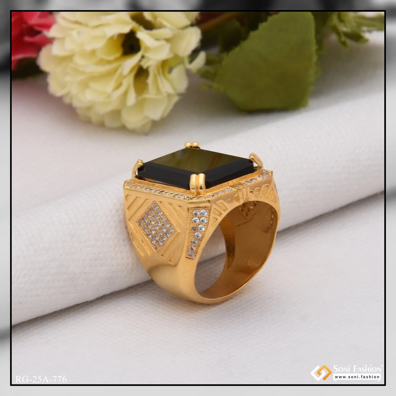1 Gram Gold Forming Black Stone with Diamond Best Quality Ring for Men - Style A776