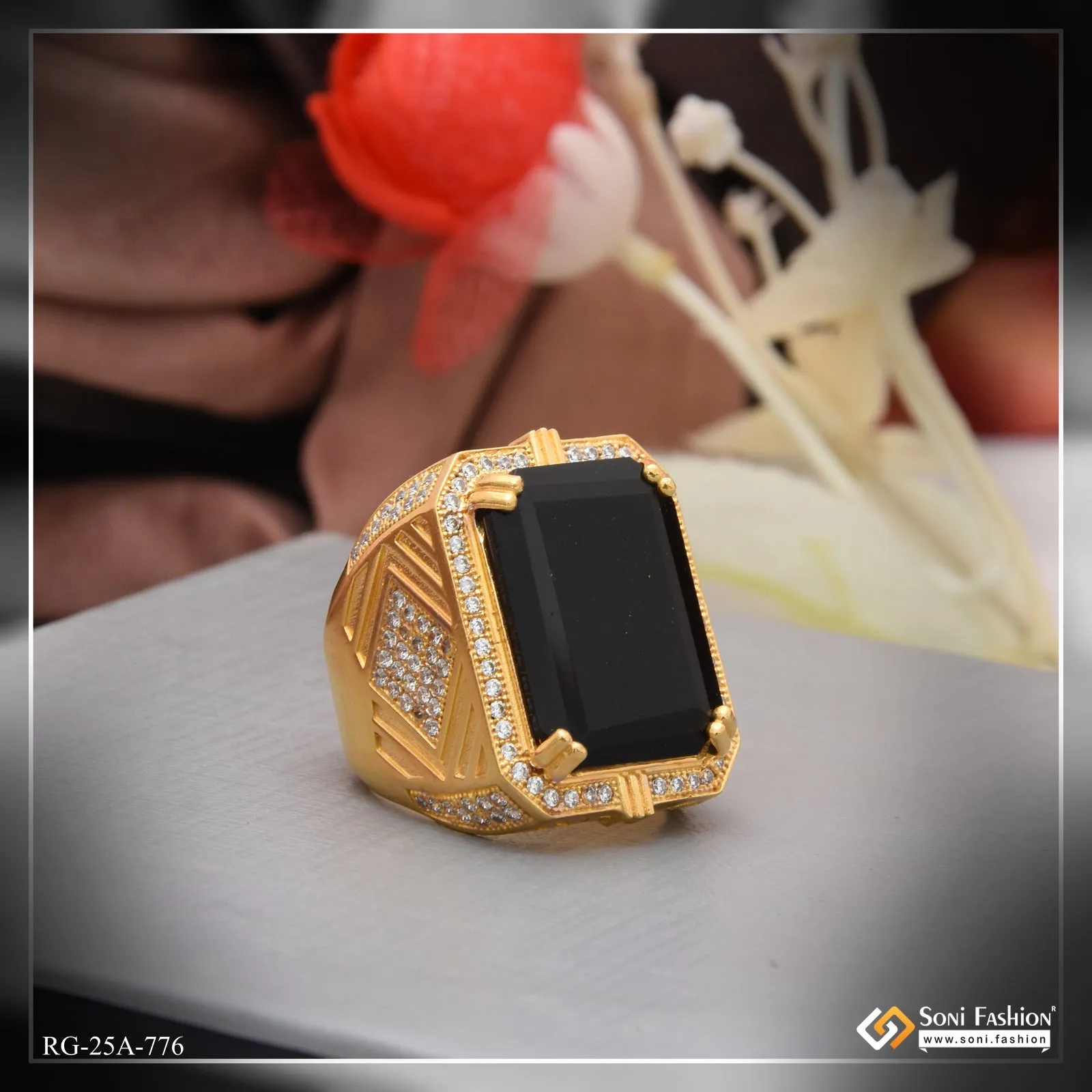 1 Gram Gold Forming Black Stone with Diamond Best Quality Ring for Men - Style A776