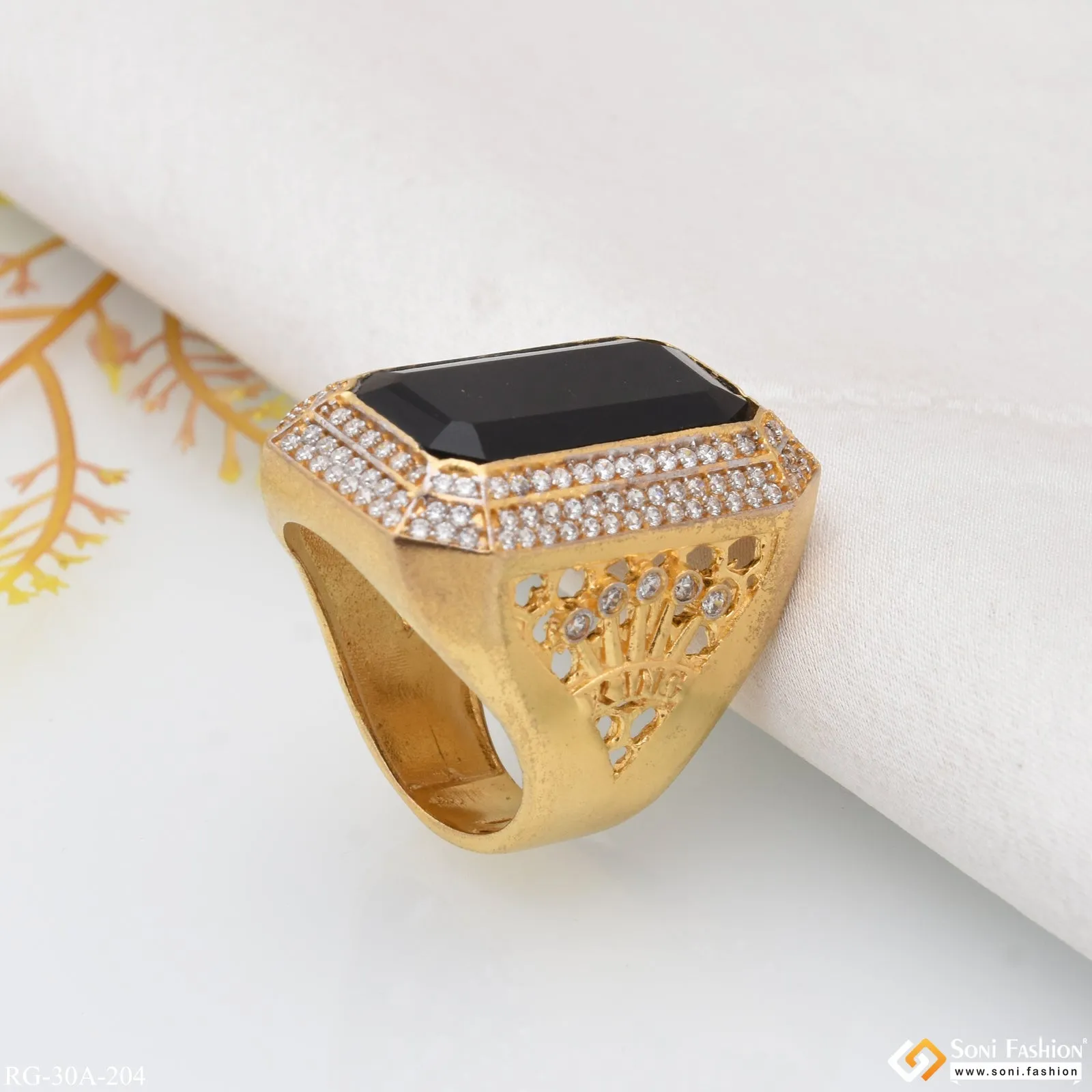 1 Gram Gold Forming Black Stone with Diamond Gold Plated Ring for Men - Style A204