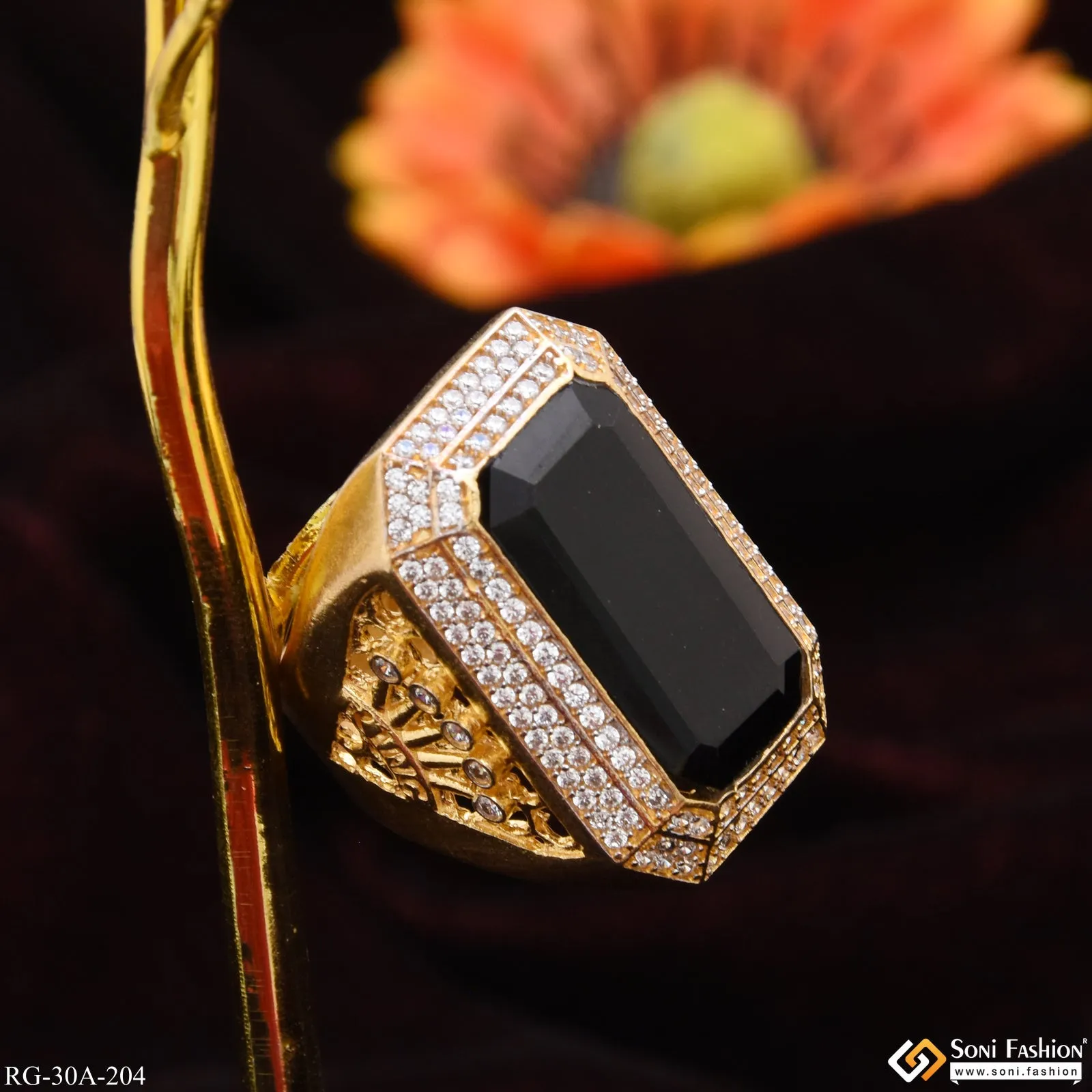 1 Gram Gold Forming Black Stone with Diamond Gold Plated Ring for Men - Style A204