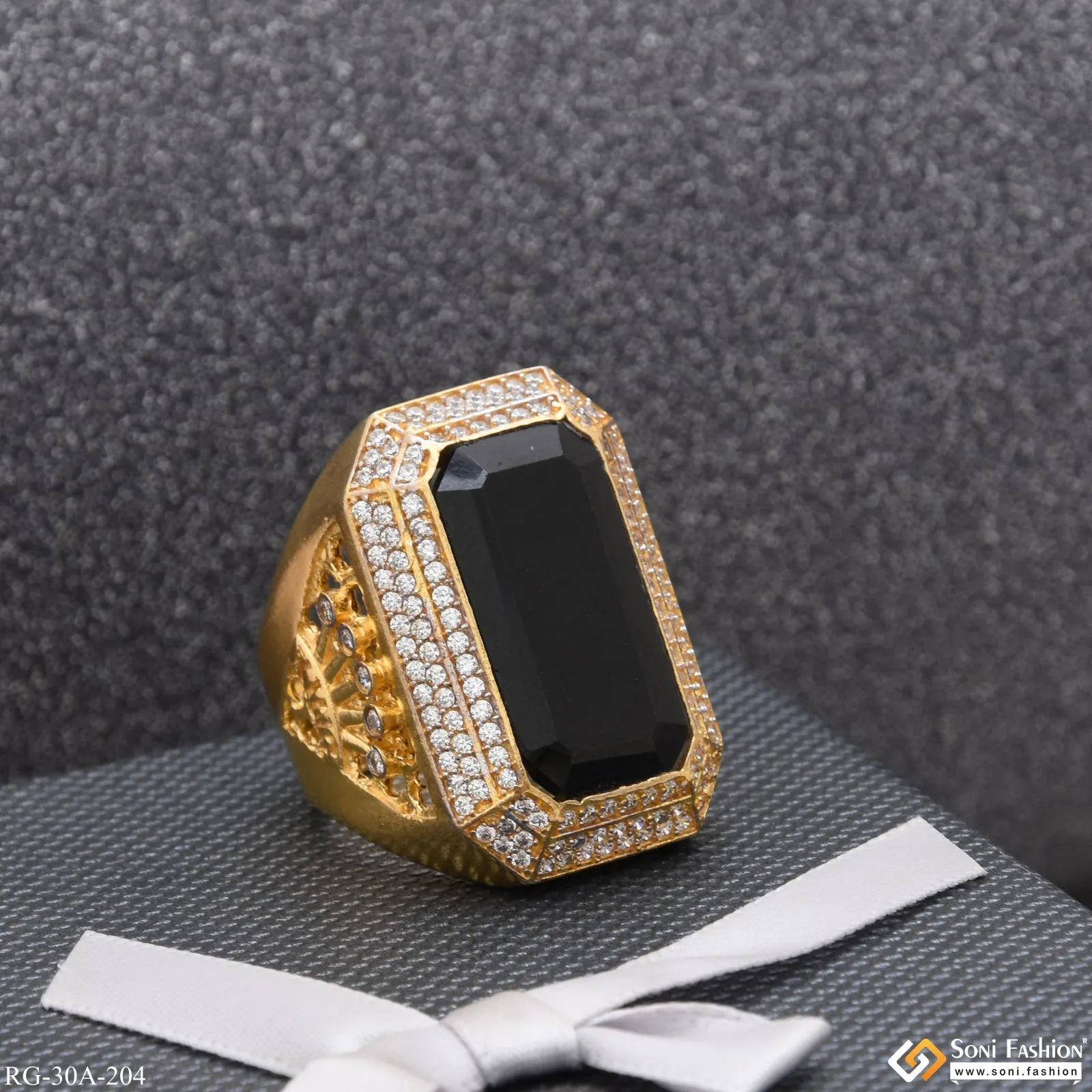 1 Gram Gold Forming Black Stone with Diamond Gold Plated Ring for Men - Style A204