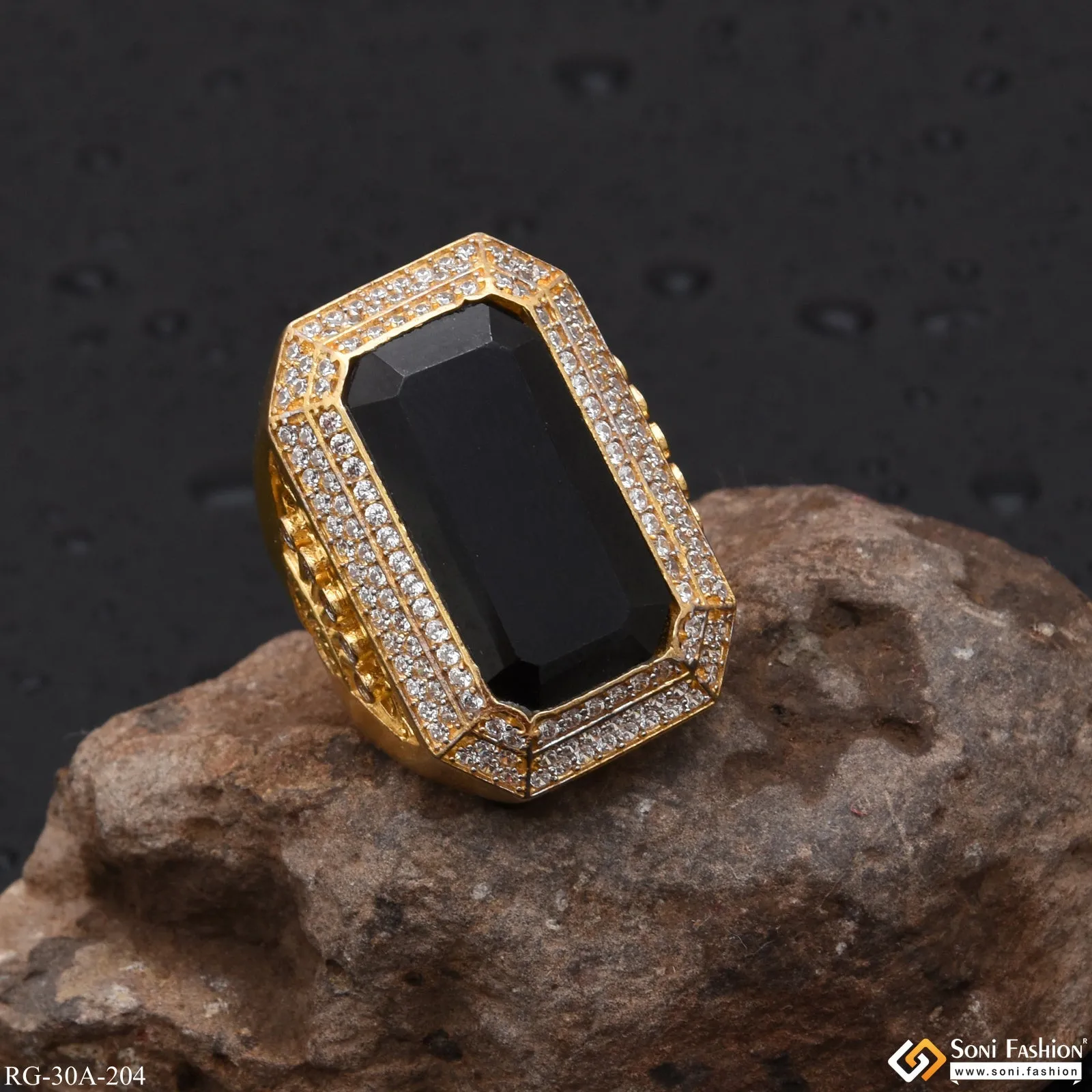 1 Gram Gold Forming Black Stone with Diamond Gold Plated Ring for Men - Style A204