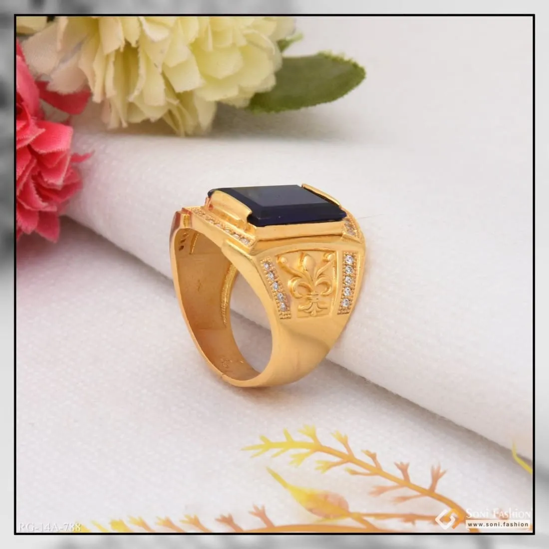 1 Gram Gold Forming Blue Stone With Diamond Funky Design Ring For Men - Style A788