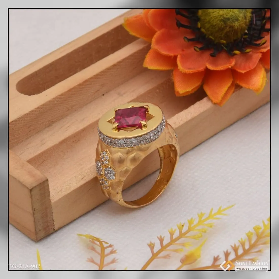 1 Gram Gold Forming Pink Stone With Diamond Gorgeous Design Ring - Style A902