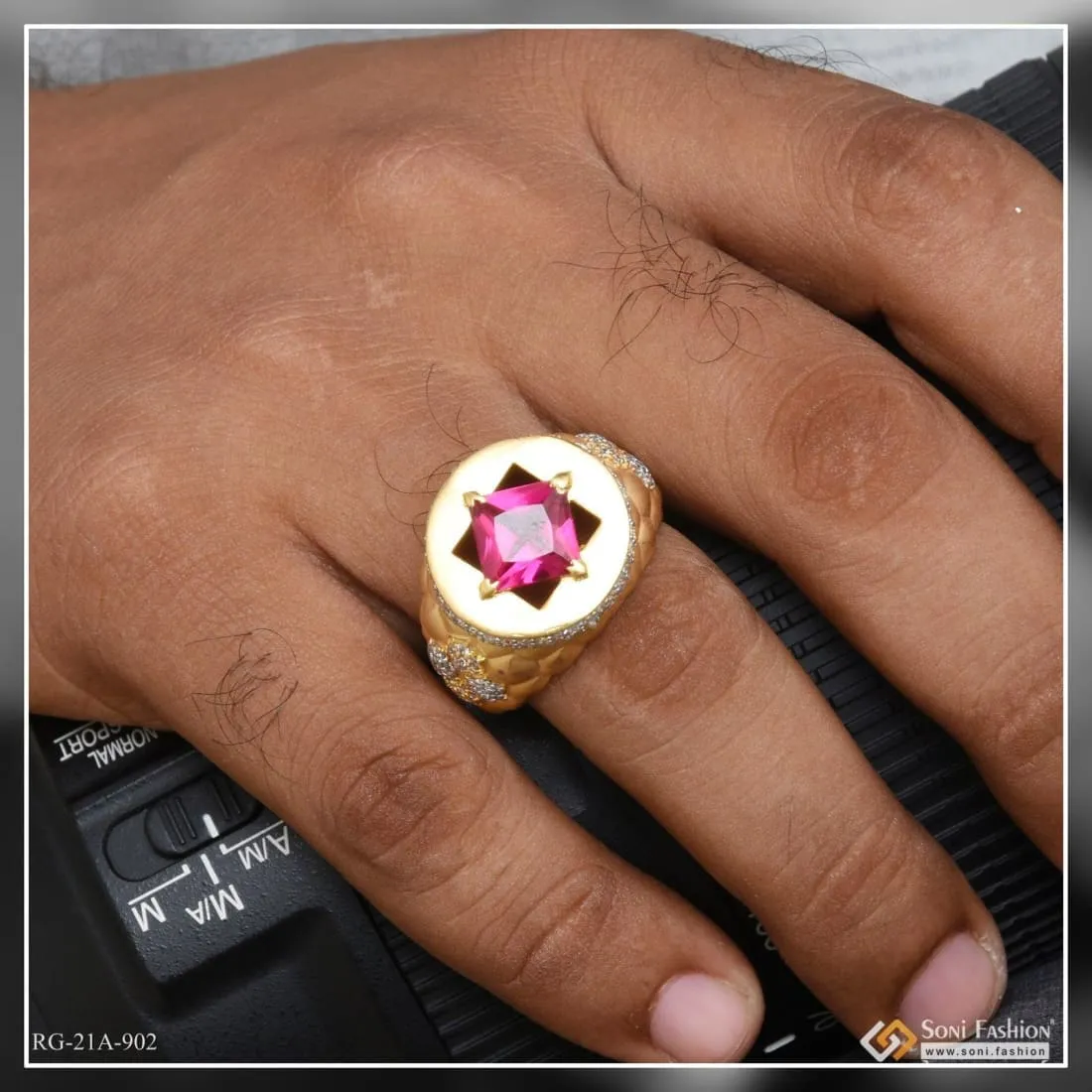 1 Gram Gold Forming Pink Stone With Diamond Gorgeous Design Ring - Style A902