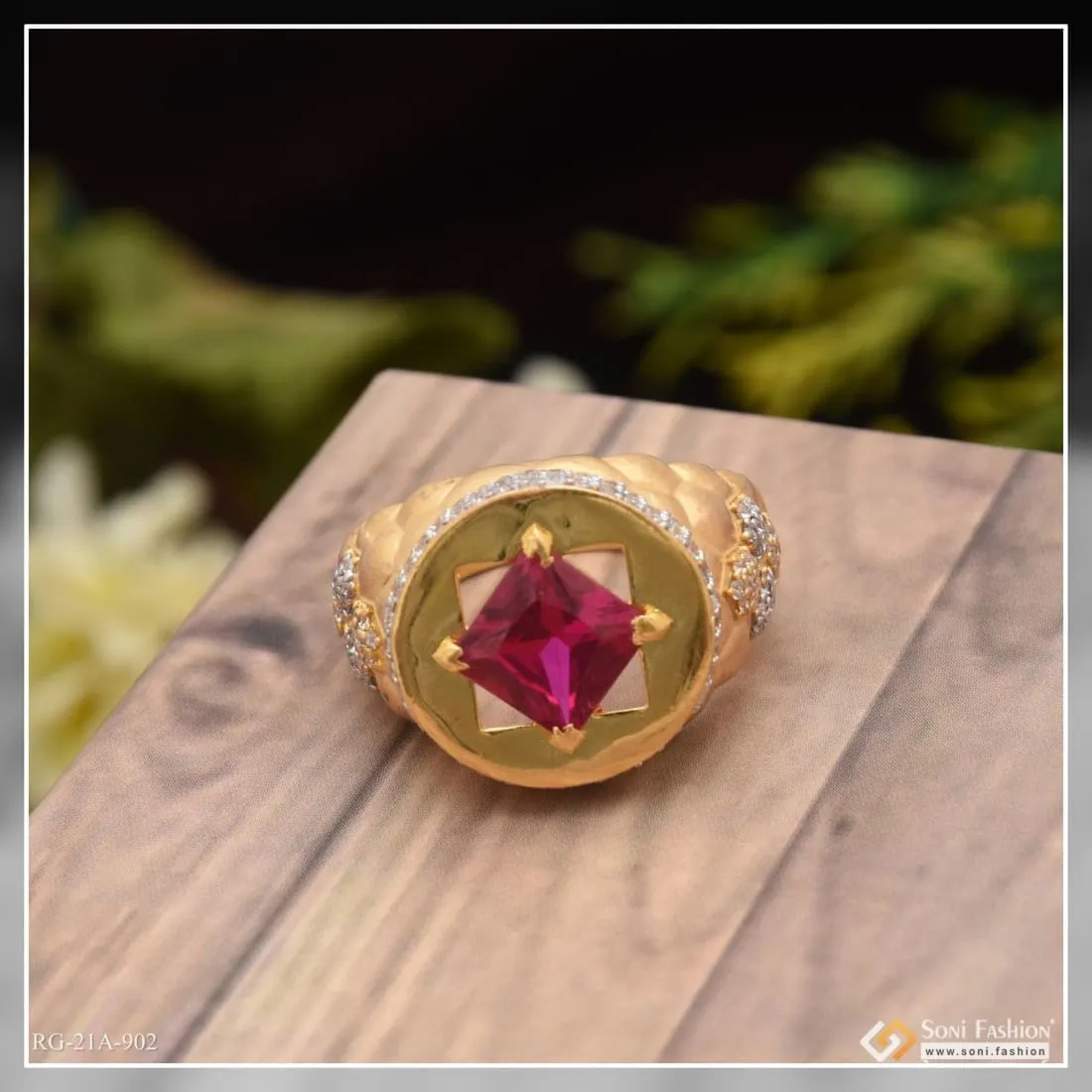 1 Gram Gold Forming Pink Stone With Diamond Gorgeous Design Ring - Style A902