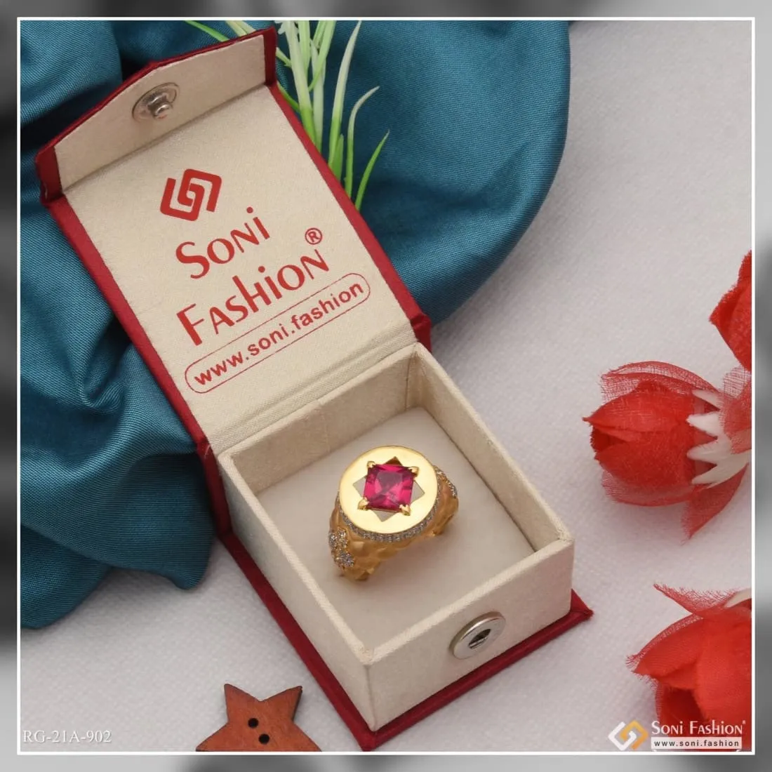 1 Gram Gold Forming Pink Stone With Diamond Gorgeous Design Ring - Style A902