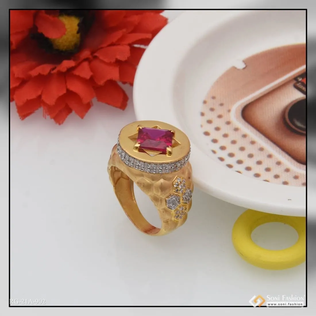 1 Gram Gold Forming Pink Stone With Diamond Gorgeous Design Ring - Style A902