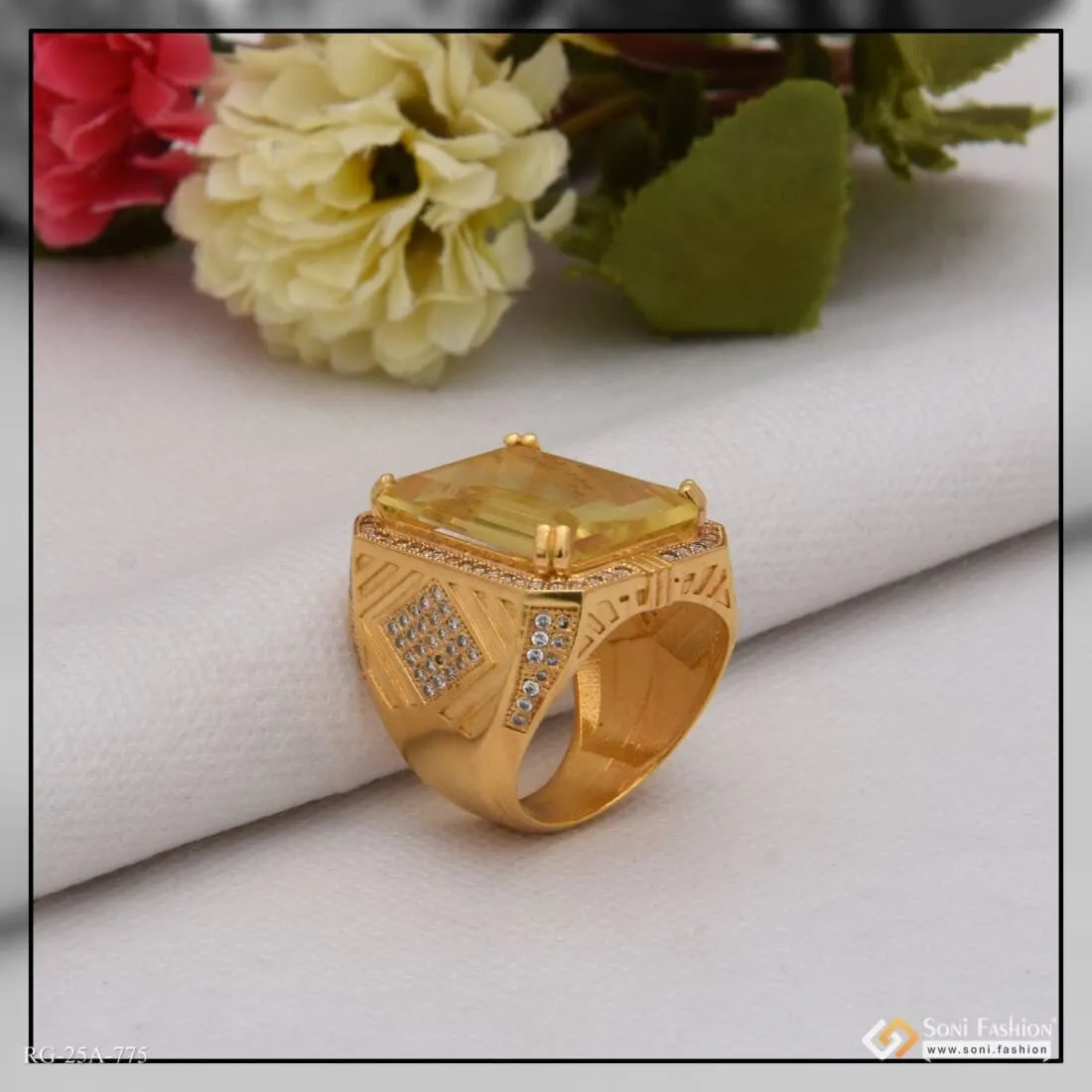 1 Gram Gold Forming Yellow Stone With Diamond Gorgeous Design Ring For Men - Style A775