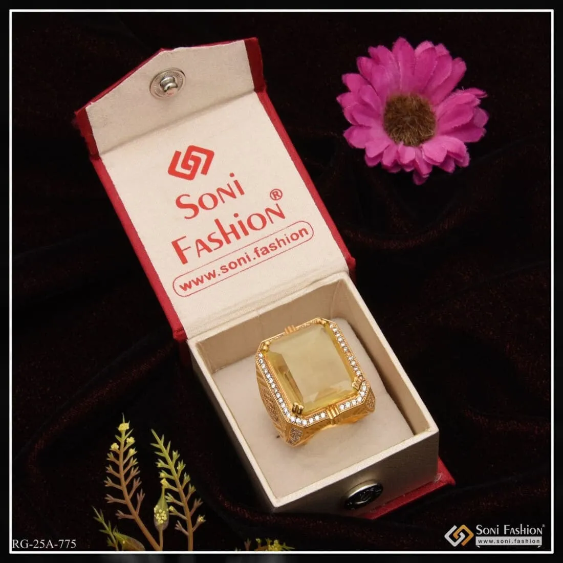 1 Gram Gold Forming Yellow Stone With Diamond Gorgeous Design Ring For Men - Style A775