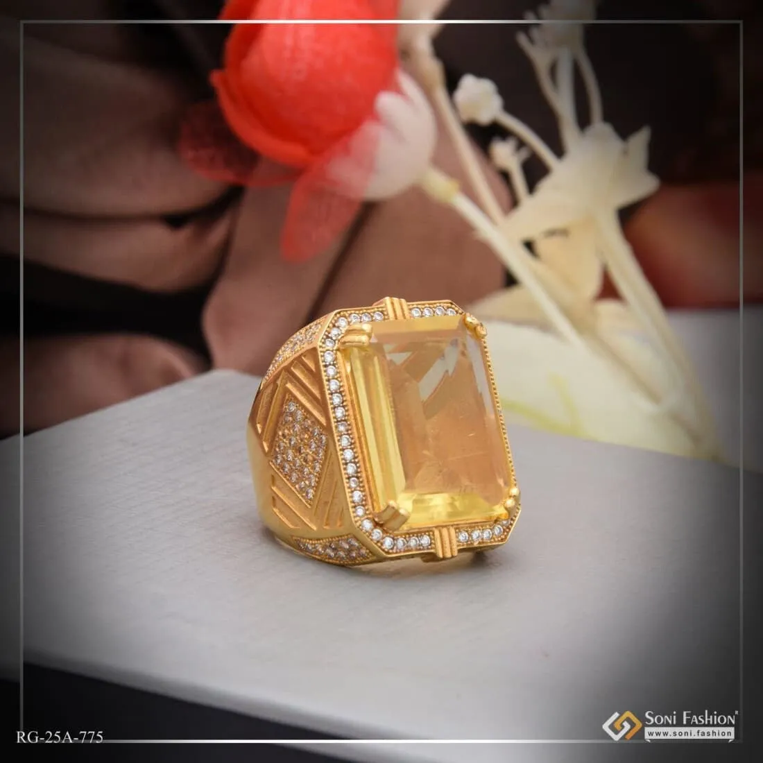 1 Gram Gold Forming Yellow Stone With Diamond Gorgeous Design Ring For Men - Style A775
