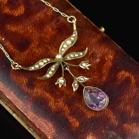 10K Gold Pearl Amethyst Lavaliere Necklace 10K Gold Pearl Amethyst Lavaliere Necklace