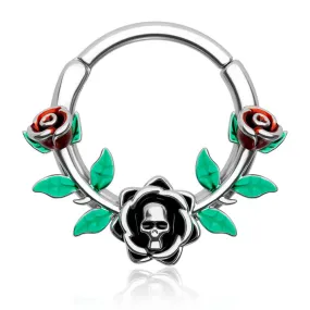 16G Skull Head Rose Design Green Leaves Segment Septum Ring 16G Skull Head Rose Design Green Leaves Segment Septum Ring