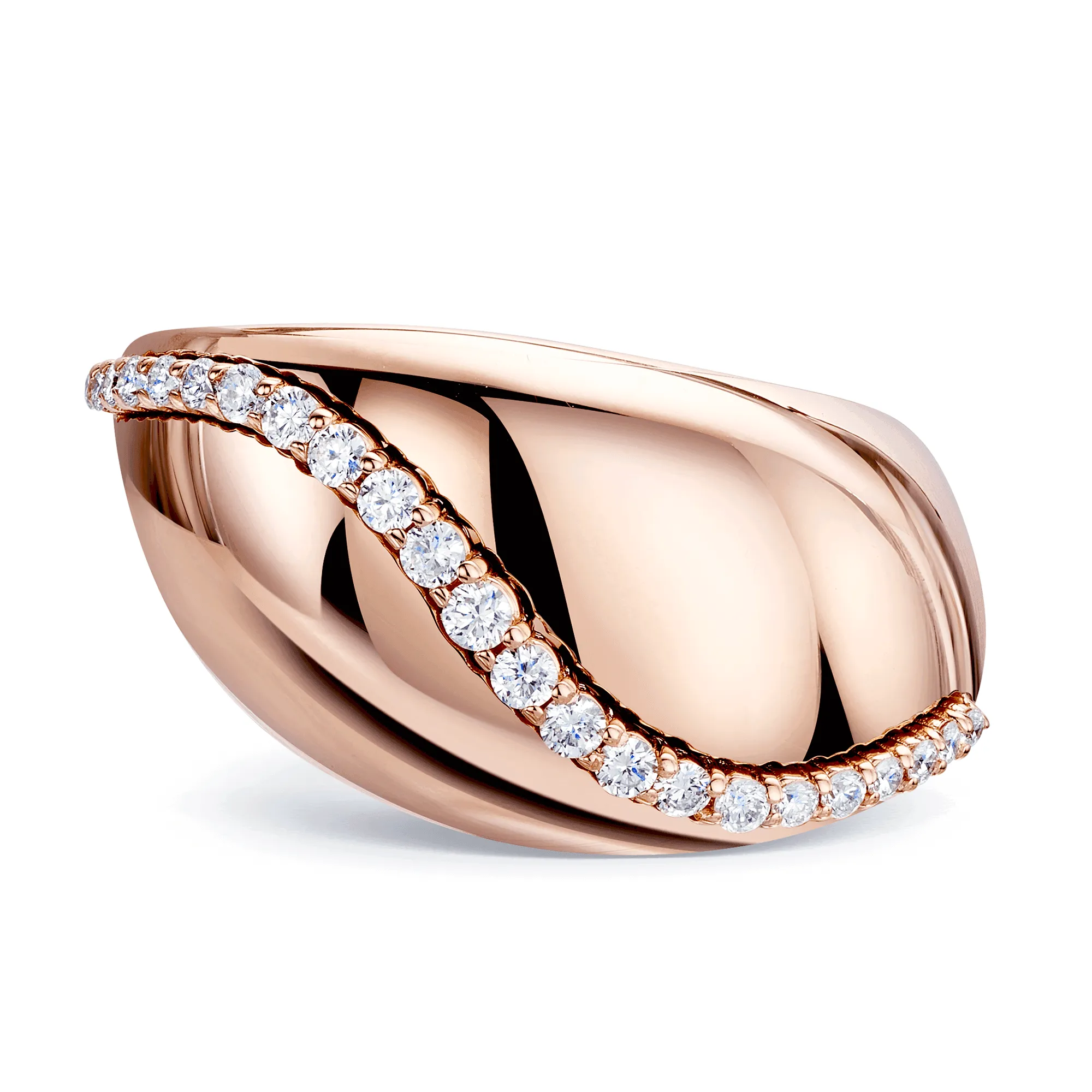 18ct Rose Gold Polished Domed Irregular Ring With Raised Diamond Detail.