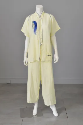 1940s 50s Peacock BIRD Embroidered Lemon Sorbet Pajamas | Unisex Vintage Lounging Pajamas 1940s 50s Peacock BIRD Embroidered Lemon Sorbet Pajamas | Unisex Vintage Lounging Pajamas