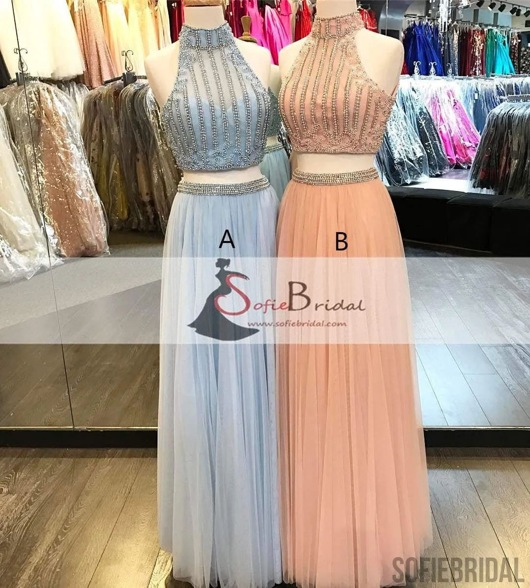 2 Pieces Halter Illusion Pearl Beaded Tulle Prom Dresses, Lovely Long Prom Dresses, PD0368