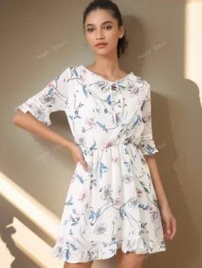 2024 Summer Chic Ditsy Floral Chiffon A-Line Dress With Flared Sleeves 2024 Summer Chic Ditsy Floral Chiffon A-Line Dress With Flared Sleeves