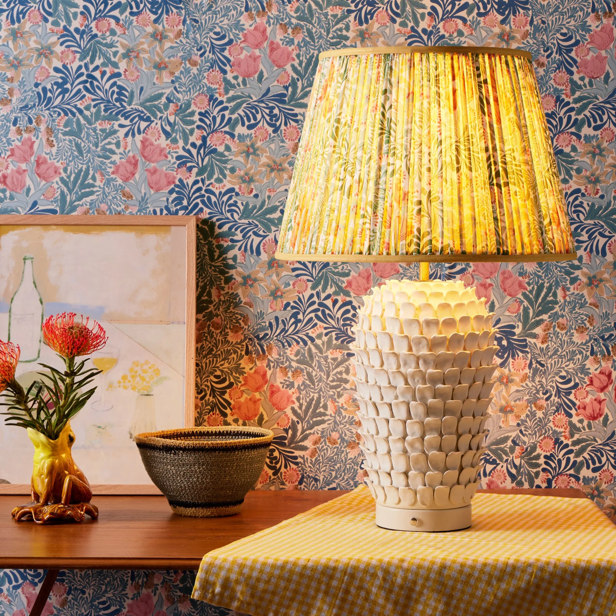 25cm empire shade in herball and weld Bower printed cotton by Morris & Co.