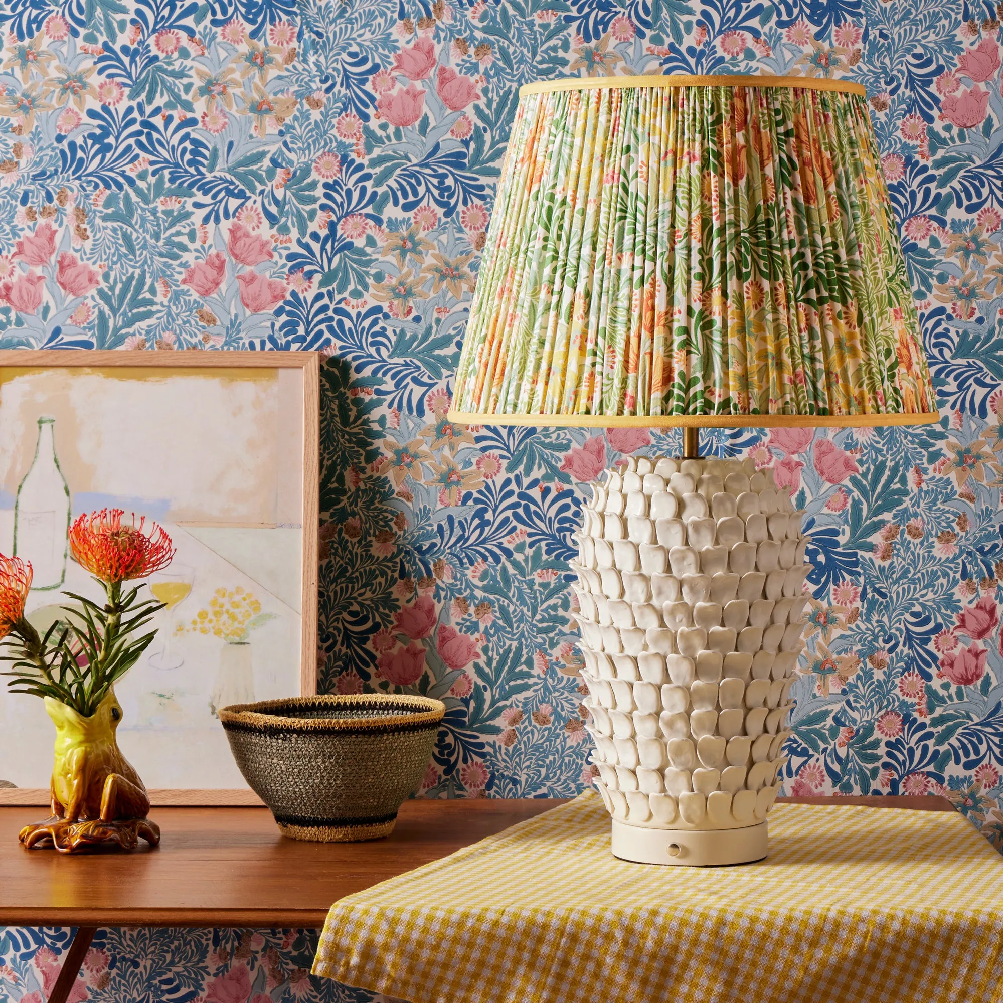 25cm empire shade in herball and weld Bower printed cotton by Morris & Co.