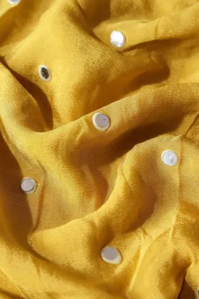 3 Meter Cut Piece Of Real Mirror Embroidery Work On Yellow Viscose Chinnon Chiffon Fabric 3 Meter Cut Piece Of Real Mirror Embroidery Work On Yellow Viscose Chinnon Chiffon Fabric