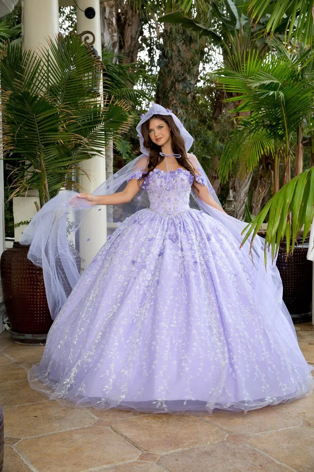 3D Floral Sweetheart Cloak Ball Gown by Petite Adele PQ1004