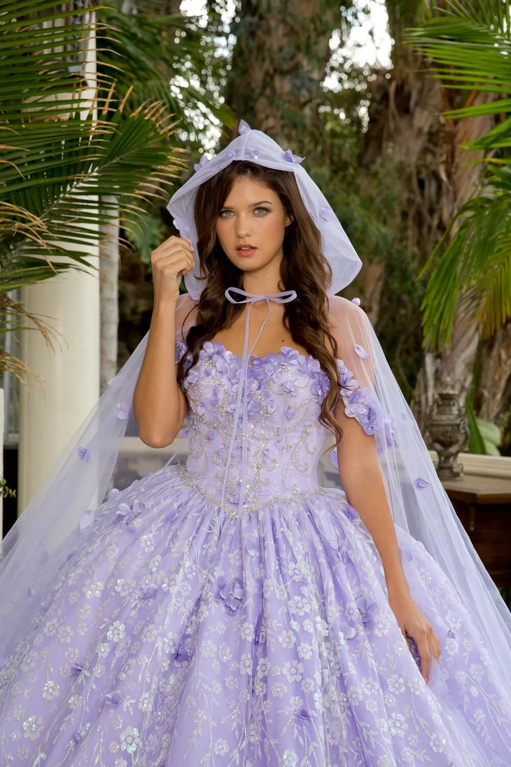 3D Floral Sweetheart Cloak Ball Gown by Petite Adele PQ1004