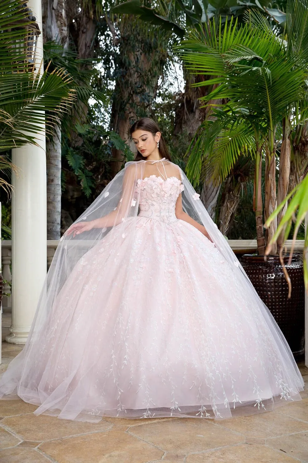 3D Floral Sweetheart Cloak Ball Gown by Petite Adele PQ1004