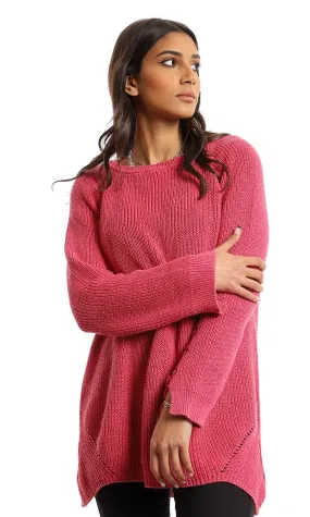 50137 Lace Full Sleeves Round Neck Knitted Pullover - Fuchsia 50137 Lace Full Sleeves Round Neck Knitted Pullover - Fuchsia