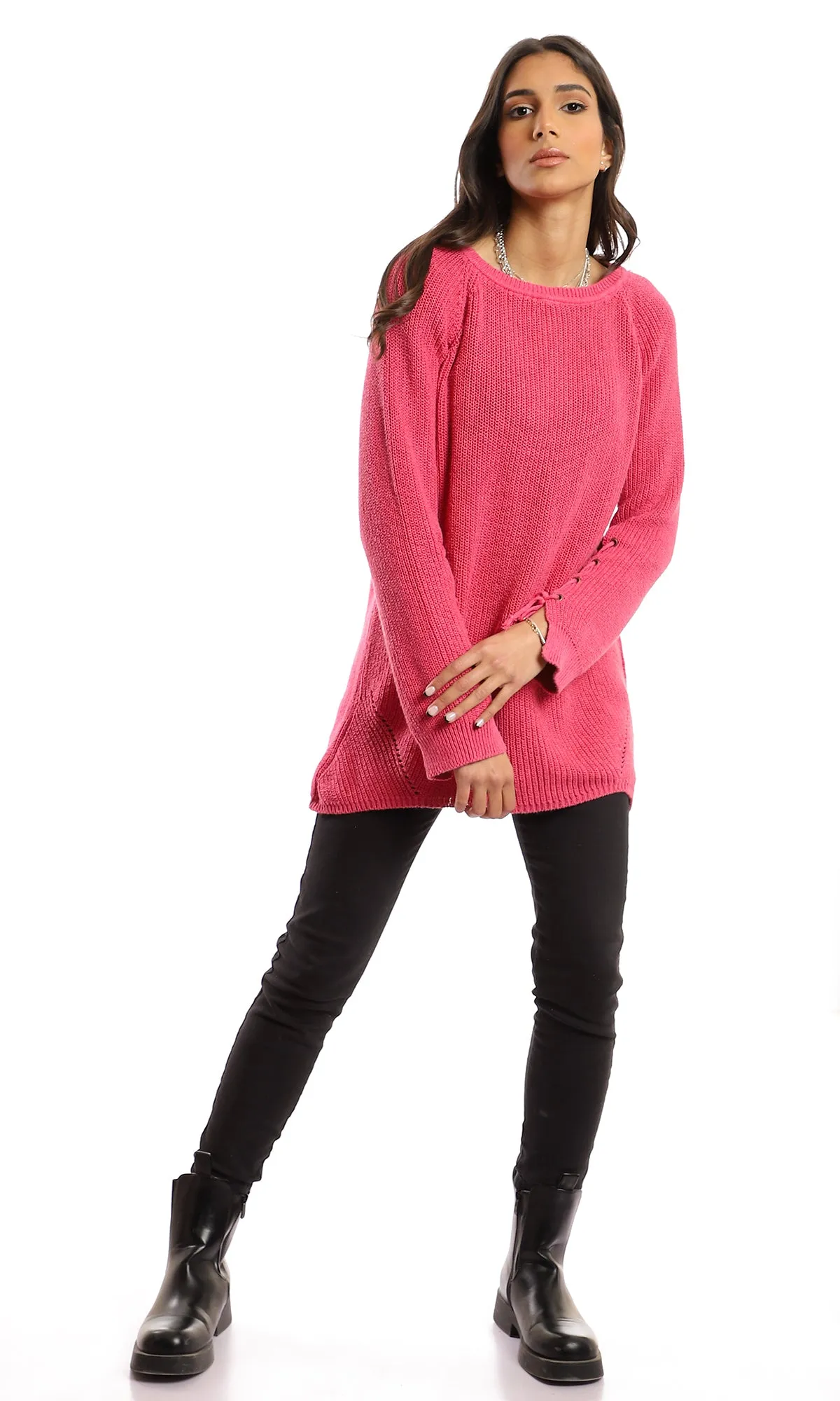 50137 Lace Full Sleeves Round Neck Knitted Pullover - Fuchsia