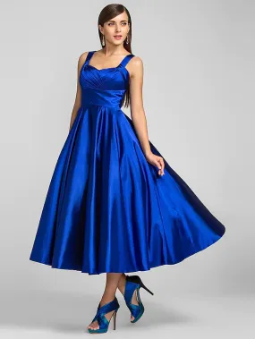 A-Line Minimalist Dress Wedding Guest Tea Length Sleeveless Square Neck Stretch Satin with Criss Cross A-Line Minimalist Dress Wedding Guest Tea Length Sleeveless Square Neck Stretch Satin with Criss Cross