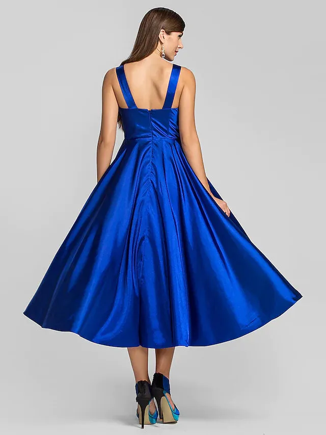 A-Line Minimalist Dress Wedding Guest Tea Length Sleeveless Square Neck Stretch Satin with Criss Cross