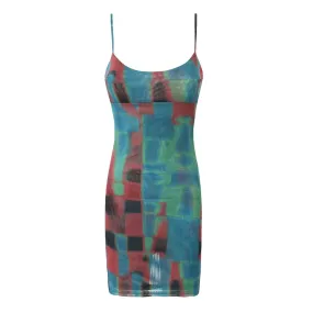 Abstract Print Scoop Neck Spaghetti Strap Mesh Bodycon Mini Sundress Abstract Print Scoop Neck Spaghetti Strap Mesh Bodycon Mini Sundress