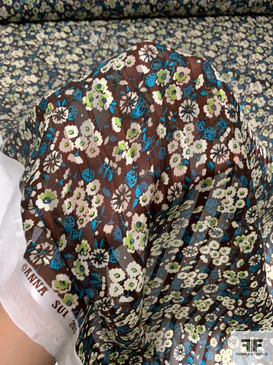 Anna Sui Ditsy Floral Printed Satin Striped Silk Chiffon - Brown / Turquoise / Lime / Off-White