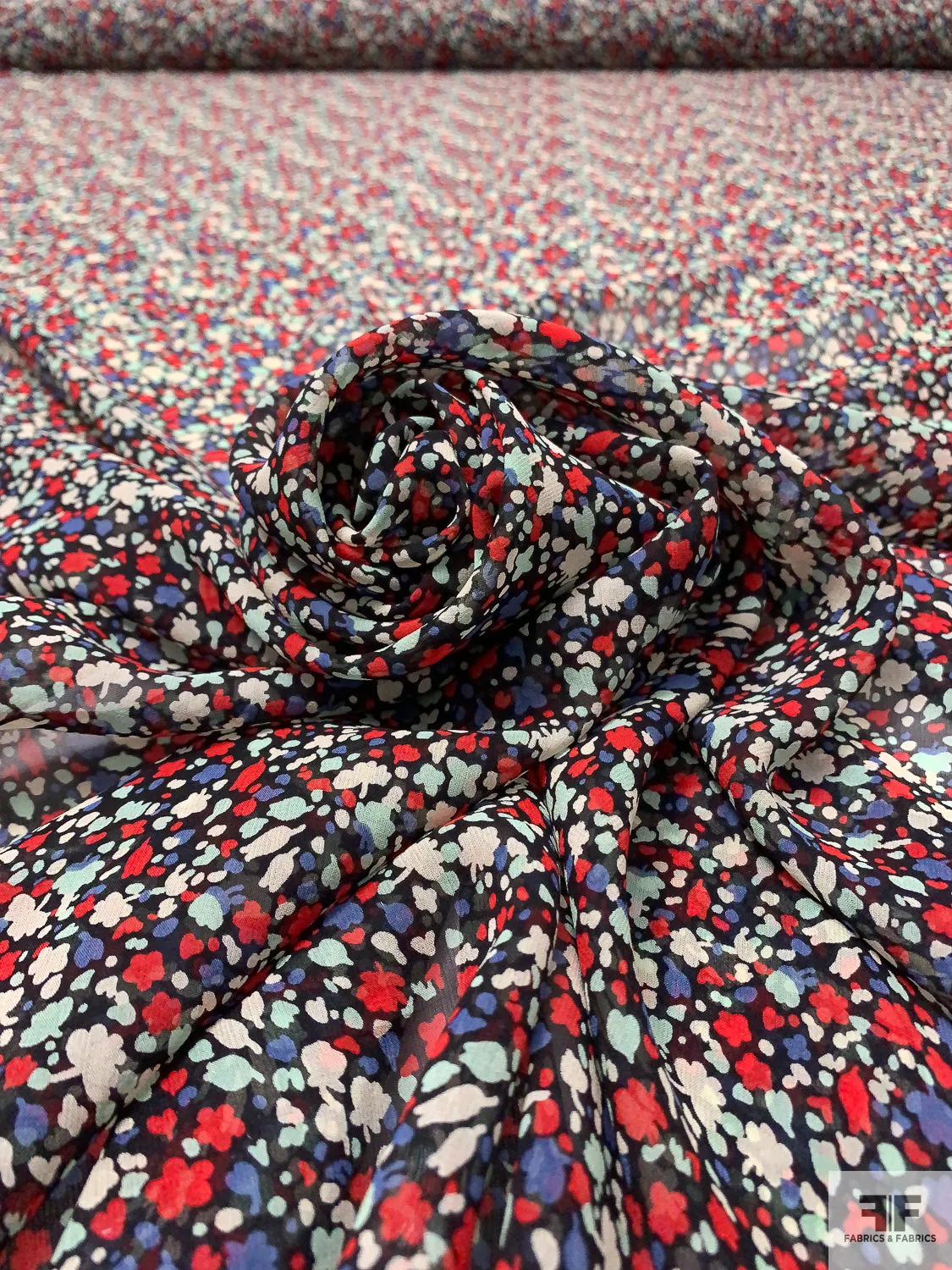 Anna Sui Ditsy Floral Silhouette Printed Silk Chiffon - Red / Periwinkle / Off-White / Mint / Black