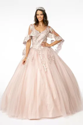 Applique Glitter V-Neck Ball Gown with Cape by Elizabeth K GL2800 Applique Glitter V-Neck Ball Gown with Cape by Elizabeth K GL2800