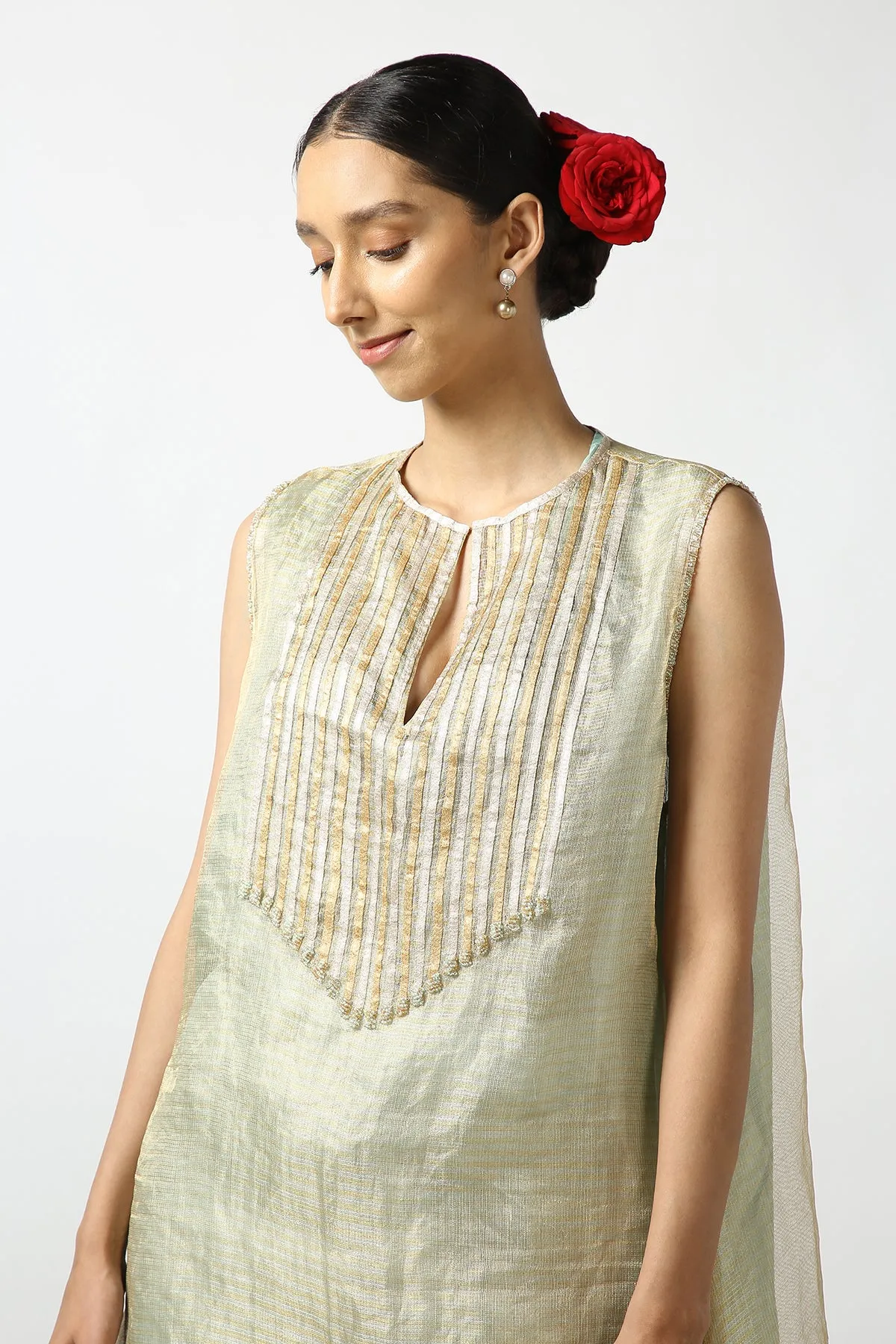 Banarasi Georgette Tissue Flare With Kanchi Gold and Silver Strip Yoke. Kanchi Tissue Pant.