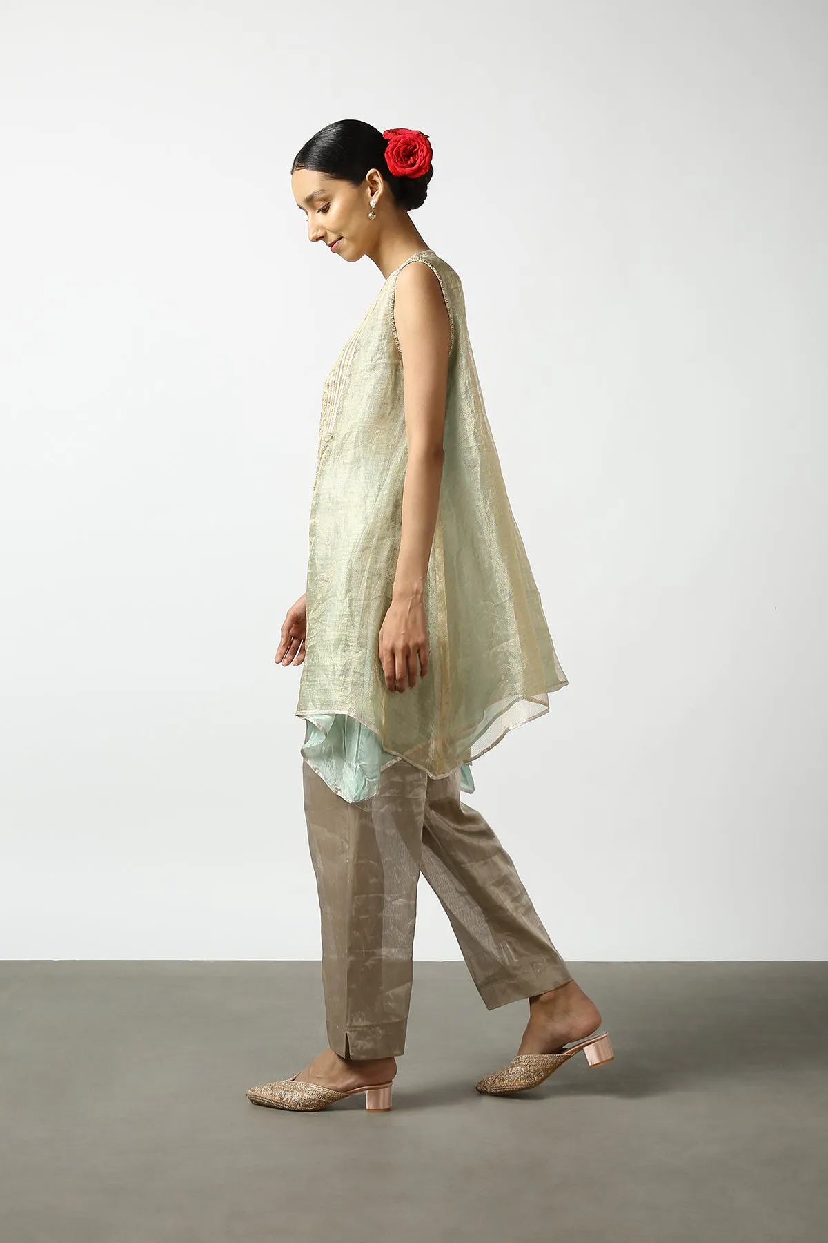 Banarasi Georgette Tissue Flare With Kanchi Gold and Silver Strip Yoke. Kanchi Tissue Pant.