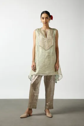 Banarasi Georgette Tissue Flare With Kanchi Gold and Silver Strip Yoke. Kanchi Tissue Pant. Banarasi Georgette Tissue Flare With Kanchi Gold and Silver Strip Yoke. Kanchi Tissue Pant.