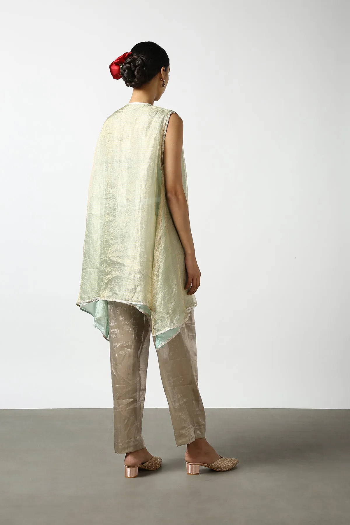 Banarasi Georgette Tissue Flare With Kanchi Gold and Silver Strip Yoke. Kanchi Tissue Pant.