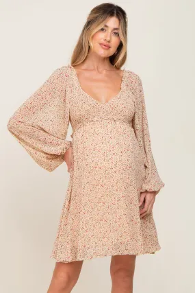 Beige Ditsy Floral Chiffon Smocked Maternity Dress Beige Ditsy Floral Chiffon Smocked Maternity Dress