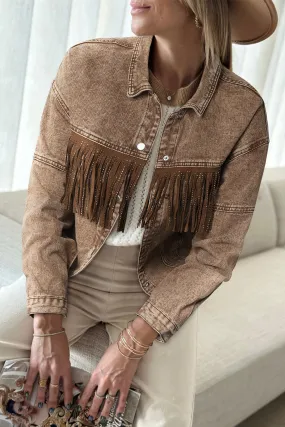 Brown Rhinestone Fringed Cowgirl Fashion Denim Jacket Brown Rhinestone Fringed Cowgirl Fashion Denim Jacket