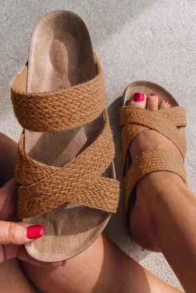 Brown Woven Criss Cross Strap Platform Slip On Sandals Brown Woven Criss Cross Strap Platform Slip On Sandals