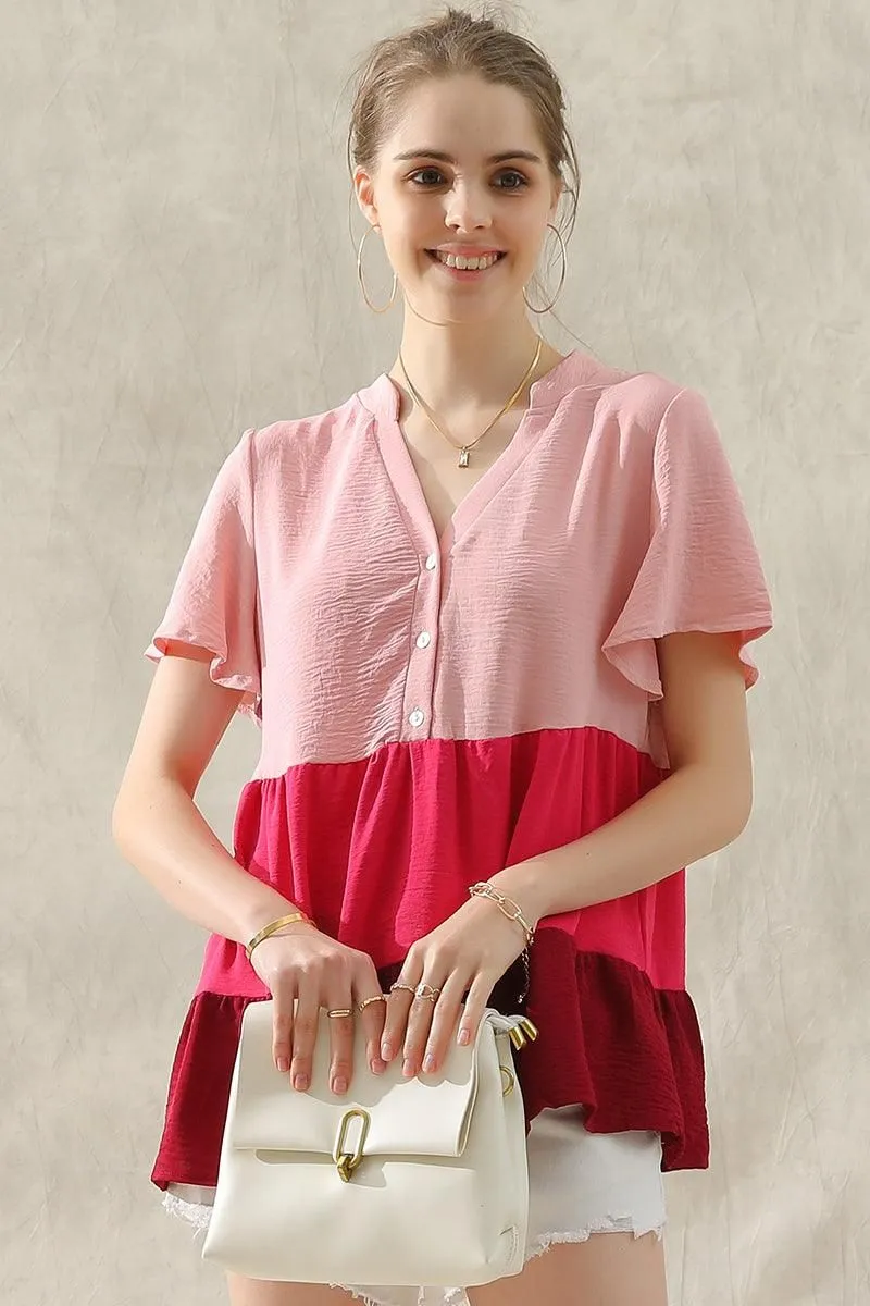 BUTTON UP COLOR BLOCK RUFFLED TUNIC TOP