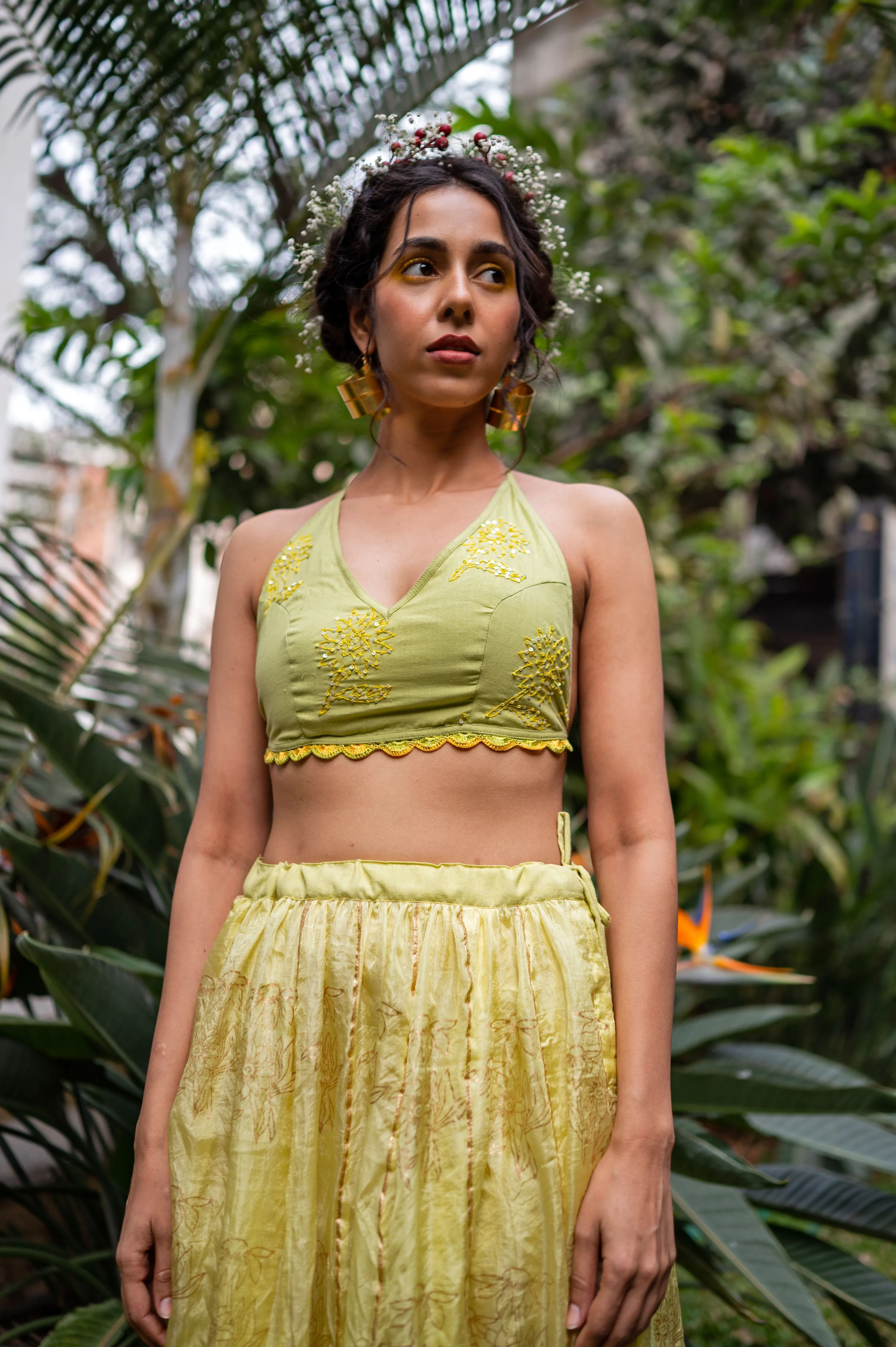 Cotton Bikini top with sunflower hand embroidery