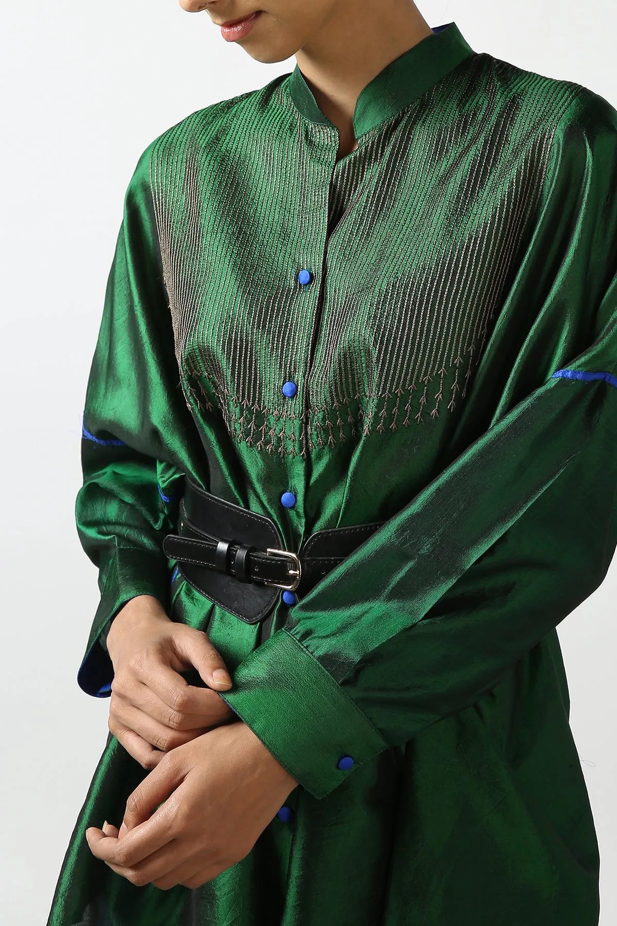 Dark Green Raw Silk Hand Embroidered Short Phiran Top