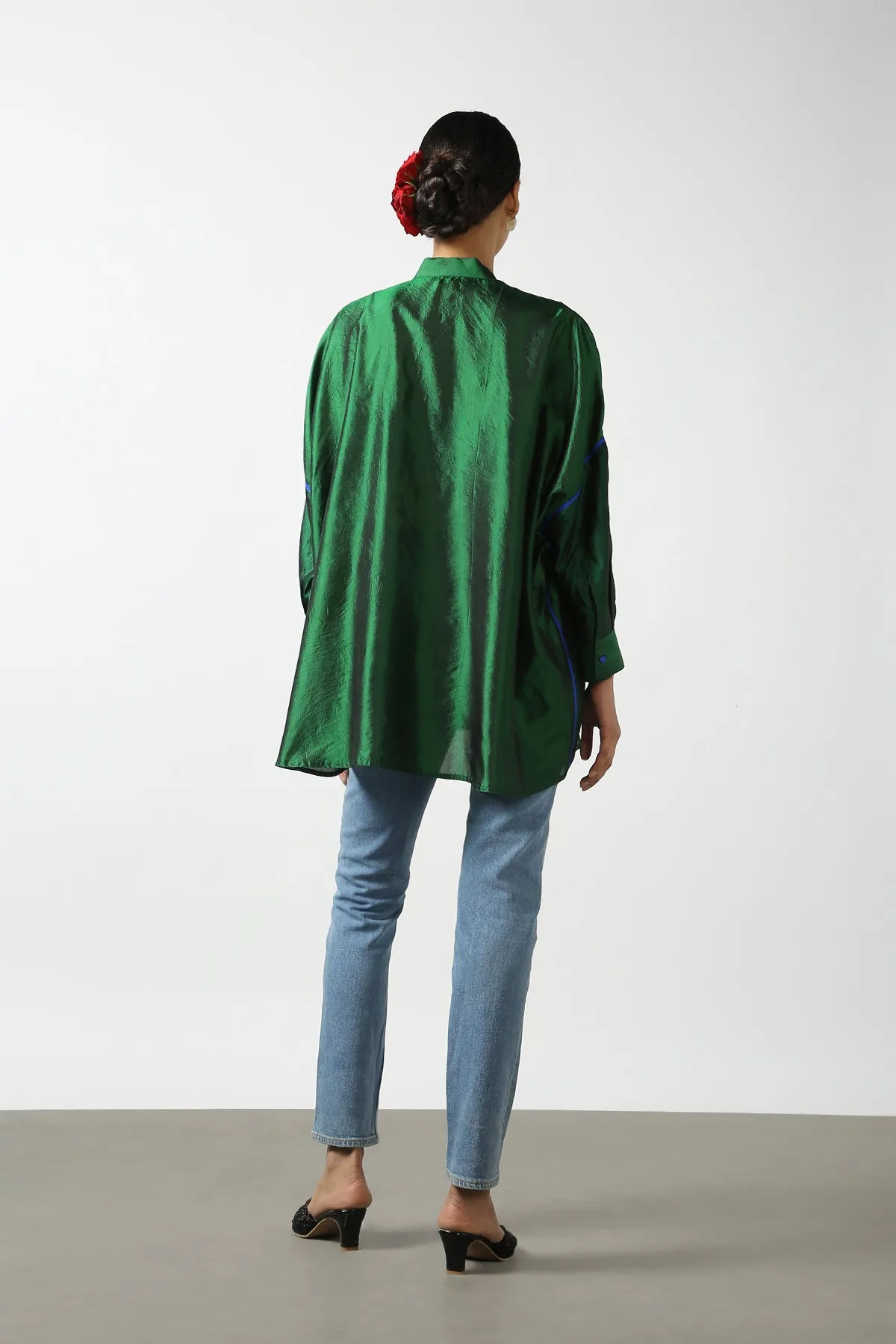 Dark Green Raw Silk Hand Embroidered Short Phiran Top