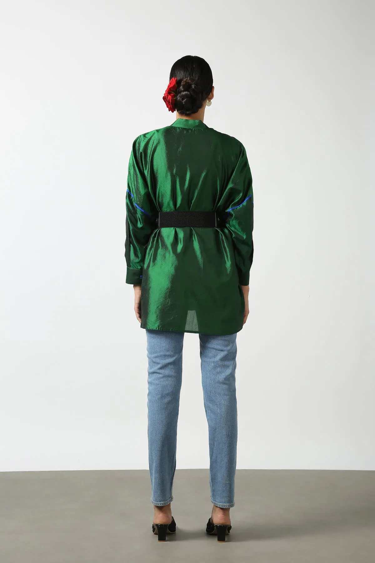 Dark Green Raw Silk Hand Embroidered Short Phiran Top