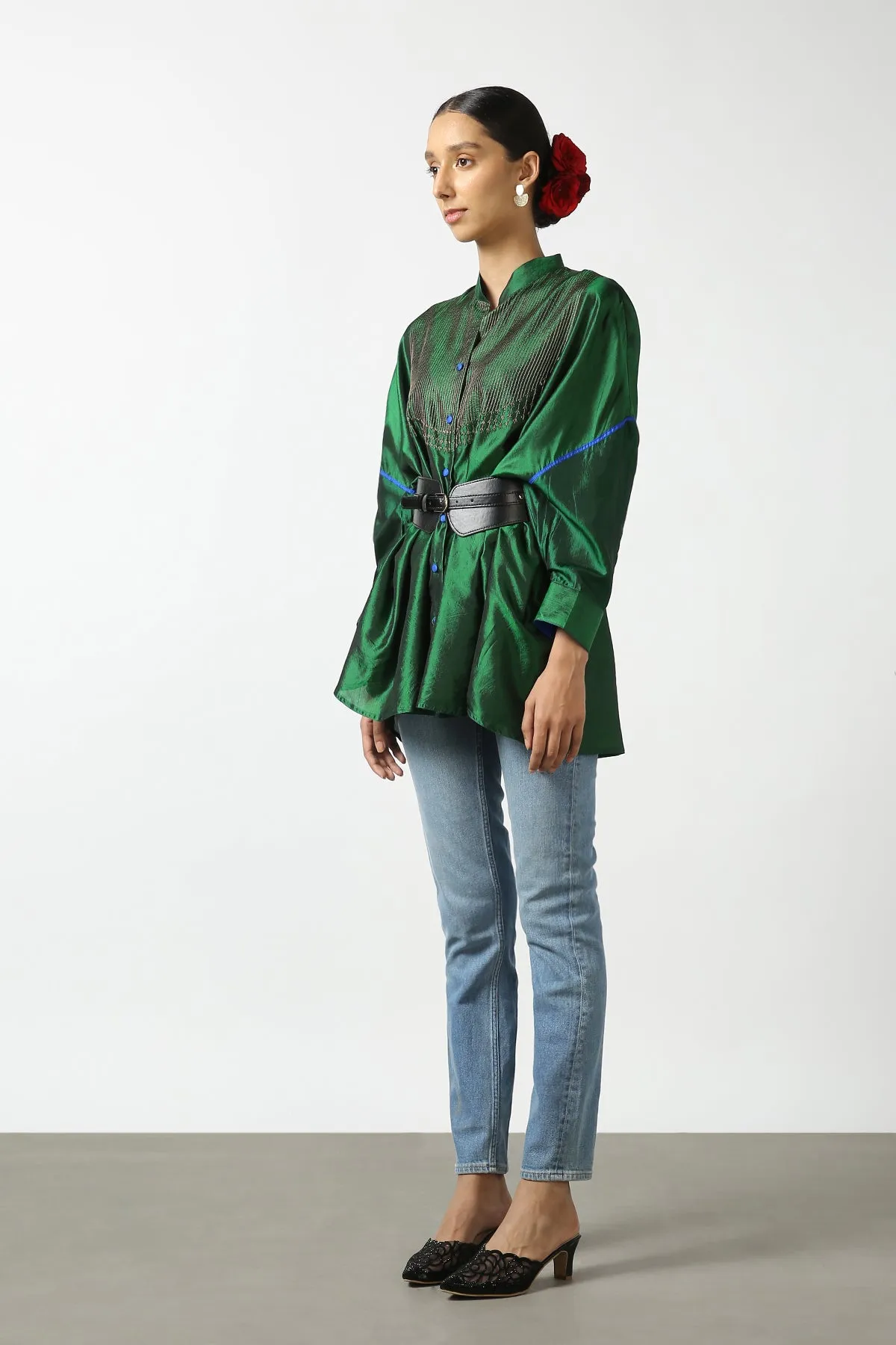 Dark Green Raw Silk Hand Embroidered Short Phiran Top
